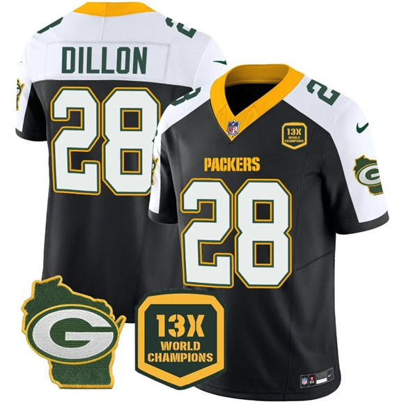 Men's Green Bay Packers #28 AJ Dillon Black/White 2023 F.U.S.E. Home Patch 13 Time World Champions Vapor Untouchable Limited Stitched Football Jersey